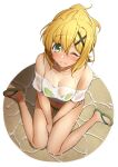  1girl akatsuki_kirika bikini blonde_hair blush breasts green_bikini green_eyes hair_ornament looking_at_viewer medium_breasts off-shoulder_shirt off_shoulder one_eye_closed see-through senki_zesshou_symphogear shiny shiny_hair shiny_skin shirt short_hair sitting solo swimsuit tsukamoto_kensuke wet wet_clothes wet_shirt x_hair_ornament 