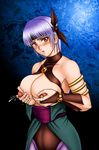  areolae ayane_(doa) blush breast_squeeze breasts corset cowboy_shot dead_or_alive grabbing kitamura_(bamboo) lactation large_breasts ninja nipples pantyhose purple_hair red_eyes solo topless 