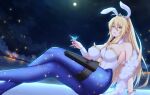  1girl animal_ears armpits artoria_pendragon_(fate) artoria_pendragon_(swimsuit_ruler)_(fate) blonde_hair breasts cocktail_glass commission crossed_legs cup detached_collar drinking_glass eyebrows_visible_through_hair fake_animal_ears fate/grand_order fate_(series) green_eyes highres kaitofuuma large_breasts long_hair looking_at_viewer night night_sky outdoors pantyhose playboy_bunny ponytail rabbit_ears sky solo thighs tiara wrist_cuffs 