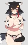  1girl absurdres alternate_breast_size animal_ears animal_print bangs bikini black_choker black_hair blush breast_hold breasts choker collarbone cow_print flipped_hair highres hololive kidoriyacats large_breasts long_hair looking_to_the_side multicolored_hair navel ookami_mio red_hair side-tie_bikini sidelocks simple_background solo standing streaked_hair sweat swimsuit tail tail_around_leg tail_wrap virtual_youtuber white_hair wolf_ears wolf_girl wolf_tail yellow_eyes 