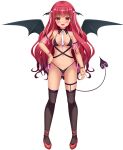  1girl bangs black_legwear breasts demon_girl demon_tail demon_wings detached_collar eyebrows_visible_through_hair flower full_body hair_ribbon hand_on_hip head_wings long_hair looking_at_viewer low_na_imouto_ni_succubus_ga_toritsuita_node_tanetsuke_yoyuu_deshita medium_breasts navel necktie open_mouth red_eyes red_flower red_hair ribbon riri_(low_na_imouto_ni_succubus_ga_toritsuita_node_tanetsuke_yoyuu_deshita) shitou solo tachi-e tail thighhighs transparent_background wings 