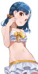  1girl bangs bikini blue_hair blunt_bangs blush bow braid eyebrows_visible_through_hair french_braid frilled_bikini frills hair_bow highres hiroki_(yyqw7151) idolmaster idolmaster_million_live! looking_at_viewer nanao_yuriko navel short_hair solo swimsuit yellow_bow yellow_eyes 