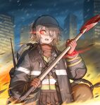  1girl axe baseball_cap blood blood_on_face bloody_axe building cheogtanbyeong commentary_request fire fire_axe girls&#039;_frontline gloves glowing glowing_eye hair_over_one_eye hat highres holding holding_axe light_brown_hair looking_at_viewer open_mouth outdoors red_eyes rogue_division_agent short_hair solo tom_clancy&#039;s_the_division upper_body vector_(girls&#039;_frontline) vector_(hellfire)_(girls&#039;_frontline) 