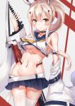  1girl ascot ayanami_(azur_lane) azur_lane bangs belt blue_skirt breasts choker collarbone commentary_request detached_sleeves eyebrows_visible_through_hair grey_background groin hair_between_eyes hair_ornament hairclip headgear highres holding holding_sword holding_weapon long_hair long_sleeves looking_at_viewer midriff navel orange_eyes pleated_skirt ponytail retrofit_(azur_lane) ribbon-trimmed_sleeves ribbon_trim school_uniform serafuku sidelocks silver_hair simple_background skirt solo sword tanuki_2333 thighhighs underboob weapon white_legwear wide_sleeves zettai_ryouiki 