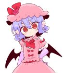  1girl ascot bat_wings blue_hair bow brooch cravat dress elbow_gloves frilled_shirt frilled_shirt_collar frilled_sleeves frills gloves hat hat_ribbon highres jewelry mob_cap op_na_yarou pink_dress puffy_short_sleeves puffy_sleeves red_bow red_eyes red_ribbon remilia_scarlet ribbon ribbon_trim sash shirt short_hair short_sleeves simple_background touhou wavy_hair white_background wings wrist_cuffs 