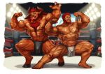  2boys ;d abs absurdres animal_ears bara beard biceps brown_fur bulge chest_hair claw_pose commission cow_ears cow_horns dark-skinned_male dark_skin facial_hair fate/grand_order fate_(series) flexing full_body furry furry_male grey_male_underwear highres horns iskandar_(fate) large_pectorals loincloth male_focus mature_male minotaur multiple_boys muscular muscular_male navel navel_hair nipples one_eye_closed open_mouth original pectorals pose red_eyes red_hair scar_on_arm scar_on_leg short_hair smile stomach thick_thighs thighs traver009 underwear underwear_only white_male_underwear wrestling_ring 