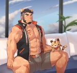  1boy abs alca animal_ears bara beard black_hair blush bulge commission couch doll facial_hair gyee highres large_pectorals leg_hair lion_boy lion_ears lion_tail looking_at_viewer lveink male_cleavage male_focus mature_male muscular muscular_male nipple_slip nipples on_couch original pectorals pout short_hair sitting solo_focus spread_legs stomach tail thick_eyebrows thighs undercut 