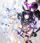  2girls aano_(10bit) absurdres animal_ears arm_strap asymmetrical_gloves balloon bangs belt bikini black_gloves blush breasts cleavage earrings fishnet_legwear fishnets frills gloves hair_ornament hairband hairclip highres huge_filesize jewelry leg_up lolita_hairband long_hair looking_at_viewer mismatched_gloves multiple_girls navel open_mouth original pointy_ears purple_eyes purple_gloves purple_hair rabbit_ears sandals single_thighhigh smile swimsuit thighhighs twintails white_eyes white_hair 