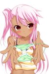  1girl :3 blush bow bra camisole cat&#039;s_cradle chloe_von_einzbern closed_mouth collarbone commentary_request dark-skinned_female dark_skin eyebrows_visible_through_hair face fate/kaleid_liner_prisma_illya fate_(series) flat_chest green_panties halterneck highres holding holding_clothes holding_panties holding_underwear horizontal_stripes long_hair looking_at_viewer navel noumin one_side_up orange_bow orange_camisole orange_eyes outstretched_arms outstretched_hand panties panties_removed pink_hair presenting_panties reaching_out red_eyes simple_background smile solo striped striped_camisole striped_panties underwear very_long_hair white_background 