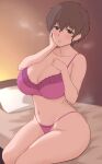  1girl akiyama_yoshiko bangs bed bedroom blurry blurry_background blush bra breasts brown_eyes brown_hair cleavage commentary depth_of_field earrings eyebrows_visible_through_hair girls_und_panzer half-closed_eyes hand_on_own_chest hand_on_own_face hotmilk indoors jewelry large_breasts lingerie looking_at_viewer mature_female navel older on_bed open_mouth panties purple_bra purple_panties short_hair sitting smile solo steam string_panties underwear underwear_only 