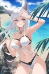  1girl animal_ears anna_lee beach bikini blue_eyes blush breasts cat_ears day erune granblue_fantasy grin korwa large_breasts layered_bikini long_hair navel ocean quill silver_hair smile solo swimsuit very_long_hair 