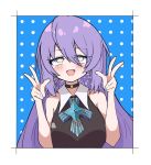  1girl ahegao bangs black_choker black_shirt blush border breasts choker collared_shirt commentary double_w earrings fang hair_between_eyes hololive jewelry large_breasts long_hair midoku_(itijikusakura) moona_hoshinova open_mouth polka_dot polka_dot_background purple_hair rolling_eyes shirt sleeveless sleeveless_shirt solo virtual_youtuber w white_border yellow_eyes 