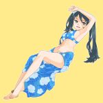  1girl anklet barefoot bikini blue_bikini blue_eyes blue_hair blue_sarong breasts floral_print full_body highres isuzu_(kancolle) jewelry kantai_collection large_breasts long_hair looking_at_viewer sarong solo swimsuit twintails yama_(yam0a) yellow_background 