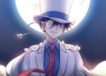  1boy akiyoshi_(tama-pete) bangs blue_eyes blue_shirt blurry brown_hair cape commentary depth_of_field dress_shirt formal full_moon grin hair_between_eyes hat jacket kaitou_kid looking_at_viewer magic_kaito male_focus meitantei_conan monocle monocle_chain moon necktie night night_sky outdoors parted_lips red_neckwear shirt short_hair sky smile solo suit top_hat upper_body white_cape white_jacket white_suit 