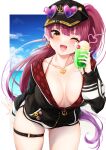  1girl ;d anchor_symbol arm_behind_back arrow_through_heart badge bangs baseball_cap bent_over bikini bikini_top bikini_under_clothes black_headwear black_jacket blush breasts center_opening cowboy_shot crotch_seam cup day dolphin_shorts drink drinking_glass drinking_straw earrings eyebrows_visible_through_hair eyewear_on_headwear food gradient_hair halter_top halterneck hat heart heart-shaped_eyewear heart_necklace highres holding holding_cup hololive hood hooded_jacket houshou_marine ice_cream ice_cream_float jacket jewelry large_breasts long_hair looking_at_viewer melon_soda micro_shorts multicolored_hair necklace ocean official_alternate_costume one_eye_closed open_mouth outside_border partially_unzipped pien ponytail purple_hair red_bikini red_eyes red_hair shorts skindentation sky smile solo string_bikini suikagumi-oisiii sunglasses swimsuit thigh_strap thighs tropical_drink very_long_hair virtual_youtuber white_shorts yellow_eyes zipper zipper_pull_tab 