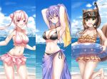  3girls airani_iofifteen animal_ears armpits arms_behind_head as4gi ayunda_risu bangs barefoot beach bikini black_bikini blonde_hair breasts brown_bikini brown_hair closed_mouth colored_inner_hair criss-cross_halter day diving_mask diving_mask_on_head double_bun eyebrows_visible_through_hair frilled_bikini frills goggles goggles_on_head green_eyes hair_between_eyes halterneck hololive hololive_indonesia innertube large_breasts long_hair looking_at_viewer low_twintails medium_breasts moona_hoshinova multicolored_hair multiple_girls navel ocean open_mouth outdoors pink_bikini pink_hair polka_dot polka_dot_bikini purple_eyes purple_hair sarong scuba_gear see-through side-tie_bikini smile squirrel_ears squirrel_girl squirrel_tail stomach string_bikini swimsuit tail twintails virtual_youtuber 