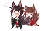  2girls absurdres akagi-chan_(azur_lane) amagi-chan_(azur_lane) animal_ears azur_lane bangs bell black_hair black_legwear blunt_bangs bow brown_hair chibi commentary_request eating eyebrows_visible_through_hair fox_ears fox_girl fox_tail hair_bow hair_ornament hair_ribbon hairclip highres kyuubi long_hair long_sleeves multiple_girls multiple_tails off-shoulder_kimono pantyhose pleated_skirt red_eyes ribbon sidelocks simple_background sitting skirt sleepy surprised tabitsuki tail thick_eyebrows thighhighs twintails wariza wide_sleeves zettai_ryouiki 