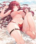  1girl absurdres bare_arms bare_shoulders bikini breasts caustics feet hair_spread_out hand_up heterochromia highres hololive houshou_marine large_breasts leg_up long_hair looking_at_viewer lying munseonghwa navel on_back red_bikini red_eyes red_hair smile solo stomach string_bikini swimsuit thigh_strap thighs virtual_youtuber water wet yellow_eyes 