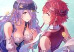  2girls anbe_yoshirou braid breasts camilla_(fire_emblem) cleavage coin fire_emblem fire_emblem_fates fire_emblem_heroes hair_over_one_eye headband highres hinoka_(fire_emblem) looking_at_viewer multiple_girls official_alternate_costume purple_eyes purple_hair red_eyes red_hair scarf short_hair smile upper_body white_scarf 