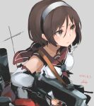  1girl brown_eyes brown_hair brown_sailor_collar detached_sleeves grey_background gun hairband highres kantai_collection machinery natori_(kancolle) sailor_collar sailor_shirt school_uniform serafuku shirt short_hair simple_background sleeveless sleeveless_shirt smokestack solo sunday_aki upper_body weapon 