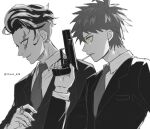  2boys alternate_costume bangs cigarette collared_shirt commentary_request danganronpa_(series) danganronpa_2:_goodbye_despair formal from_side gun hand_up highres hinata_hajime holding holding_weapon jacket jewelry long_sleeves male_focus monochrome mouth_hold multicolored_hair multiple_boys necktie parted_lips ring shirt shiyan_(flames_ten) short_hair simple_background spot_color suit tanaka_gandamu teeth twitter_username upper_body weapon white_background 