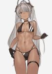  1girl bare_shoulders bikini black_bow black_choker black_gloves black_ribbon blue_archive bow breasts breasts_apart brown_eyes choker closed_mouth collarbone cowboy_shot dark-skinned_female dark_skin eyebrows_visible_through_hair gloves grey_hair hair_bow hair_over_one_eye halo highres iori_(blue_archive) konoike_(pepe_expect) long_hair looking_at_viewer medium_breasts navel pointy_ears ribbon side-tie_bikini simple_background solo stomach swimsuit thigh_strap toned tray twintails v-shaped_eyebrows very_long_hair white_background 