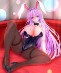  1girl alternate_costume animal_ears bangs black_leotard bow bowtie breasts couch detached_collar high_heels highres indoors kou_(inaba) large_breasts leotard light_purple_hair long_hair pantyhose paper playboy_bunny purple_hair rabbit_ears rabbit_girl red_eyes reisen_udongein_inaba smile strapless strapless_leotard touhou very_long_hair wrist_cuffs 