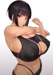  1girl bangs black_hair breasts cleavage cleavage_cutout clothing_cutout covered_nipples cowboy_shot cross-body_stretch earrings grey_background highleg highleg_panties hime_cut huge_breasts jewelry looking_at_viewer navel obmas_(pfeito) original panties red_eyes short_hair shorts solo sports_bra stretch underwear 