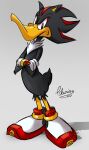  1boy 2021 clarissa_arts crossed_arms daffy_duck full_body furry fusion gloves grey_background highres looking_to_the_side looney_tunes red_eyes shadow shadow_the_hedgehog signature simple_background solo sonic_(series) standing white_footwear white_gloves 