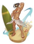  1boy abs alternate_costume arm_behind_head armpits bara bare_pectorals black-framed_eyewear black_hair bulge dark-skinned_male dark_skin dragalia_lost full_body highres holding holding_surfboard large_pectorals looking_at_viewer male_focus male_swimwear muscular muscular_male navel nipples pectorals ranzal red_male_swimwear sand sand_castle sand_sculpture short_hair solo stomach sunglasses surfboard swim_briefs uchu_(uchuuux) whistle whistle_around_neck 