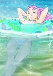  1girl breasts closed_eyes closed_mouth haruyama_kazunori innertube laura_(precure) long_hair one-piece_swimsuit partially_submerged pink_hair ponytail precure small_breasts smile solo swimsuit thick_eyebrows tropical-rouge!_precure water white_swimsuit 