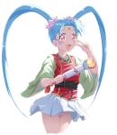  1990s_(style) 1girl :d absurdres arm_up blue_hair blush commentary english_commentary eyebrows facial_mark forehead forehead_mark freckles green_shirt heart highres holding holding_wand long_hair magical_girl mahou_shoujo_pretty_sammy masaki_sasami_jurai miniskirt open_mouth panties pink_eyes pink_panties pleated_skirt pretty_sammy_(character) red_shirt retro_artstyle shirt simple_background skirt smile solo standing tenchi_muyou! thighs twintails twintails_(mantids) underwear v very_long_hair wand white_background white_skirt wind wind_lift 