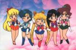  1990s_(style) 5girls :d ;) ;d aino_minako arm_up bangs bishoujo_senshi_sailor_moon black_eyes black_hair blonde_hair blue_eyes blue_footwear blue_hair blue_skirt boots brown_hair chibi closed_mouth crescent crescent_earrings double_bun earrings elbow_gloves everyone eyebrows_visible_through_hair gloves green_eyes green_footwear green_skirt hair_bobbles hair_ornament hand_on_hip high_heels high_ponytail hino_rei inner_senshi jewelry kino_makoto knee_boots leotard long_hair looking_at_viewer magical_girl miniskirt mizuno_ami multiple_girls official_art one_eye_closed open_mouth orange_footwear orange_skirt pink_footwear pleated_skirt pumps red_footwear red_skirt retro_artstyle sailor_jupiter sailor_mars sailor_mercury sailor_moon sailor_senshi sailor_venus short_hair skirt smile standing star_(symbol) star_earrings strappy_heels stud_earrings tiara tsukino_usagi twintails very_long_hair waving 