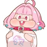  1girl :3 :d ahoge belt_collar blue_hair bright_pupils buck_teeth chibi collar colored_inner_hair fusion gen_8_pokemon greedent hands_up idolmaster idolmaster_cinderella_girls long_sleeves looking_at_viewer multicolored_hair open_mouth pink_hair pokemon red_eyes shirt simple_background smile solo symbol-only_commentary takato_kurosuke white_background white_pupils wide_sleeves yumemi_riamu 