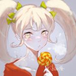  1girl artist_name bangs blonde_hair blush bow candy closed_mouth collarbone danganronpa_(series) danganronpa_2:_goodbye_despair food green_bow grey_background hair_between_eyes hair_bow hair_ornament highres holding japanese_clothes kibou_jiang lollipop long_hair looking_at_viewer portrait saionji_hiyoko signature simple_background sketch solo upper_body 