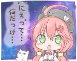  1girl 35p_(sakura_miko) ? ahoge alternate_costume blush cherry_blossoms chibi chinoru green_eyes hololive jitochi_(sakura_miko) long_hair official_alternate_costume open_mouth pink_hair sakura_miko star_(sky) translated virtual_youtuber 