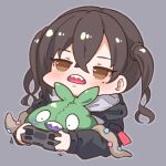  bangs black_jacket blush brown_eyes brown_hair chibi controller crossed_bangs crossover game_controller gen_5_pokemon grey_background holding holding_controller holding_game_controller hood hood_down hooded_jacket idolmaster idolmaster_cinderella_girls jacket jitome long_sleeves mole mole_under_eye open_mouth pokemon pokemon_(creature) sharp_teeth simple_background sunazuka_akira takato_kurosuke teeth trubbish twintails upper_body upper_teeth 