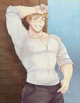  1boy ;d abs bara blonde_hair brown_pants covered_nipples granblue_fantasy green_eyes large_pectorals male_focus muscular muscular_male nipples one_eye_closed open_mouth pants pectorals rain sat_0804 see-through shirt short_hair smile solo teeth upper_body vane_(granblue_fantasy) wet wet_clothes white_shirt 