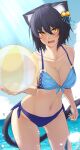  1girl :d animal_ear_fluff animal_ears ball bare_shoulders beachball bikini black_hair blue_bikini blue_ribbon blue_sky breasts cat_ears cat_girl cat_tail cleavage cloud collarbone commentary cowboy_shot day fang front-tie_bikini front-tie_top highres holding holding_ball light_rays looking_at_viewer medium_breasts navel ocean open_mouth original outdoors ribbon short_hair side-tie_bikini sky slit_pupils smile solo stomach sunbeam sunlight swimsuit tail water yellow_eyes yorugami_rei 