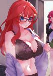  2girls :o ahoge amog black_bra black_panties blue_eyes blush bra breasts cleavage commentary covering_mouth glasses go-toubun_no_hanayome hair_ornament highres indoors lace-trimmed_bra lace_trim large_breasts looking_away looking_down multiple_girls nakano_itsuki nakano_nino navel open_clothes open_shirt panties parted_lips pink_hair red-framed_eyewear red_hair shirt siblings sisters solo_focus star_(symbol) star_hair_ornament steaming_body stomach sweat underwear undressing white_shirt 