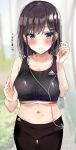  1girl adidas black_hair blue_eyes blush breasts commentary_request earphones eyebrows_visible_through_hair hair_ornament hairclip highres large_breasts looking_at_viewer midriff navel original rouka_(akatyann) short_hair solo sweat talking translated 