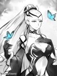  1girl 46snowy black_gloves breasts bug butterfly choker circlet cleavage eir_(fire_emblem) fire_emblem fire_emblem_heroes gloves greyscale hand_on_own_chest insect long_hair long_sleeves monochrome ponytail princess silver_hair solo tiara 