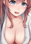  1girl blue_eyes blush breasts brown_hair cleavage hair_between_eyes highres kantai_collection kiritto large_breasts long_hair looking_at_viewer open_mouth saratoga_(kancolle) shirt side_ponytail simple_background solo white_background white_shirt 