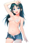  1girl arm_up armpits bare_shoulders bikini blue_eyes breasts commentary_request covered_nipples denim denim_shorts green_hair highres idolmaster idolmaster_cinderella_girls long_hair looking_at_viewer micro_bikini nanjou_hikaru navel open_fly open_mouth shirota_mizuki short_shorts shorts small_breasts solo swimsuit white_background white_bikini 