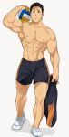  1boy 8_(yamalu) abs alternate_pectoral_size bara black_shorts brown_hair bulge expressionless full_body haikyuu!! highres large_pectorals looking_at_viewer male_focus muscular muscular_male navel nipples pectorals sawamura_daichi shirtless short_hair shorts sideburns solo sportswear standing stomach thick_thighs thighs volleyball volleyball_uniform 