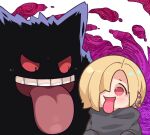  1girl :d blonde_hair blush chibi crossover earrings gen_1_pokemon gengar grey_hoodie hair_over_one_eye hood hoodie idolmaster idolmaster_cinderella_girls imitating jewelry long_sleeves one_eye_covered open_mouth pokemon purple_background shirasaka_koume smile symbol-only_commentary takato_kurosuke tongue tongue_out 