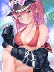  1girl :q absurdres bare_shoulders bikini black_headwear black_jacket blush breasts cleavage crossed_legs hair_down halter_top halterneck heterochromia highres hololive hood hooded_jacket houshou_marine jacket large_breasts long_hair looking_at_viewer open_clothes open_jacket palm_tree red_bikini red_eyes red_hair reitou_mkn sitting sleeves_past_fingers sleeves_past_wrists smile solo straight_hair string_bikini summer swimsuit tongue tongue_out tree tropical virtual_youtuber yellow_eyes 
