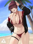  1girl arm_up ass_visible_through_thighs bangs bare_shoulders beach bikini black_jacket black_legwear blue_sky breasts cloud collarbone commentary cowboy_shot day donburi_(donburikazoku) earrings hand_up heart heart_earrings heart_necklace heterochromia high_ponytail highres hololive horizon houshou_marine jacket jewelry large_breasts long_hair long_sleeves looking_at_viewer navel ocean open_clothes open_jacket outdoors palm_tree red_bikini red_eyes red_hair round_teeth skindentation sky smile solo swimsuit teeth thigh_strap thighs tree virtual_youtuber yellow_eyes 