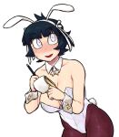  1girl alternate_costume animal_ears azazel_(helltaker) bangs black_hair blunt_bangs blush breasts commentary_request eyebrows_visible_through_hair fake_animal_ears fishnet_legwear fishnets foreshortening grey_eyes hands_up helltaker large_breasts leotard open_mouth pantyhose pen playboy_bunny rabbit_ears rabbit_tail red_legwear short_hair strapless strapless_leotard tail tsukudani_(coke-buta) white_leotard wrist_cuffs writing 