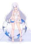  1girl bangs bare_shoulders barefoot breasts casual_one-piece_swimsuit cleavage_cutout clothing_cutout covered_navel eyebrows_visible_through_hair fairy_knight_lancelot_(fate) fate/grand_order fate_(series) full_body hair_ornament highleg highleg_swimsuit highres holding holding_innertube innertube jilu legs long_hair looking_at_viewer medium_breasts one-piece_swimsuit reflection silver_hair simple_background swimsuit tiles white_background white_swimsuit yellow_eyes 